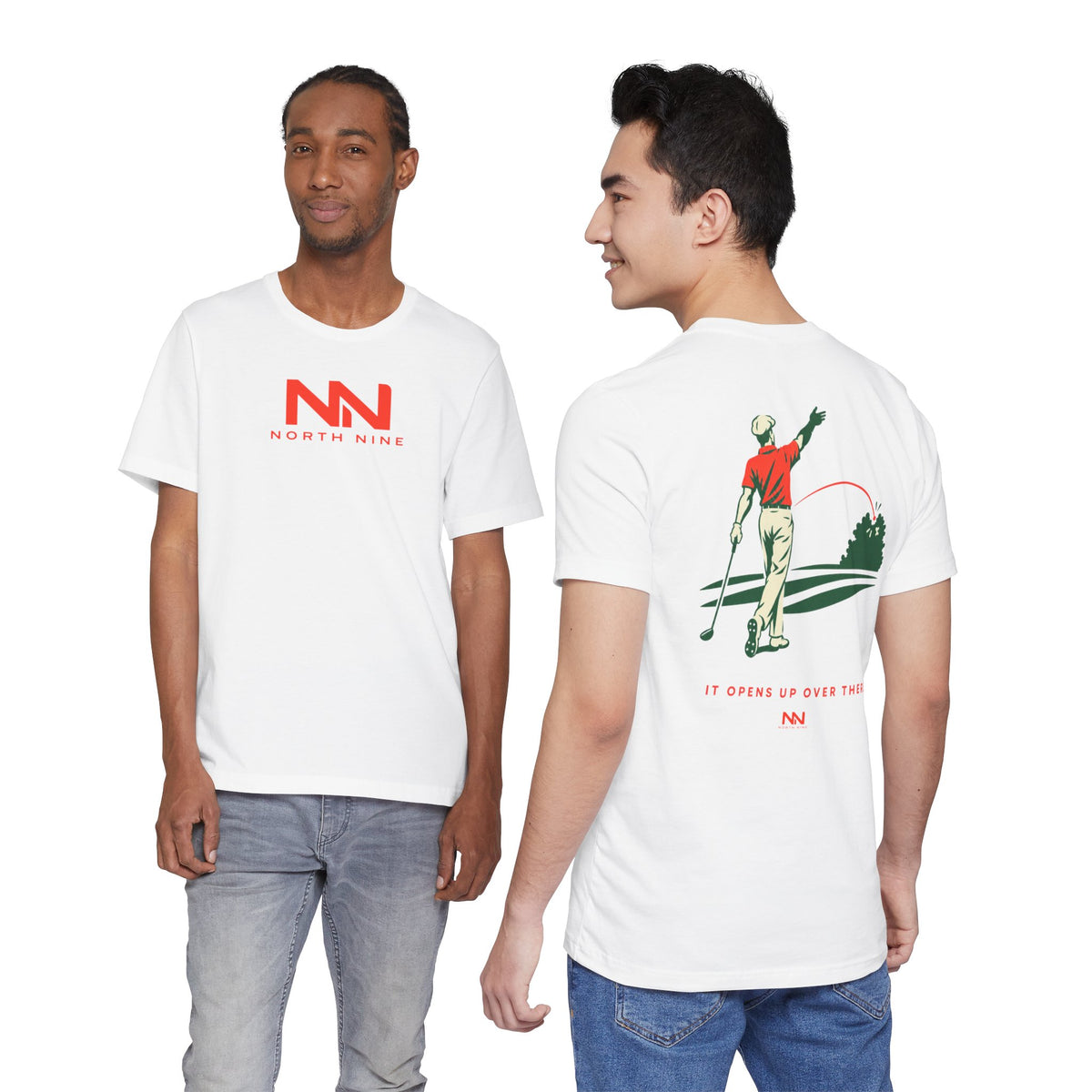 Golf Swing Retro Illustration Tee | Member.Guest. logo front