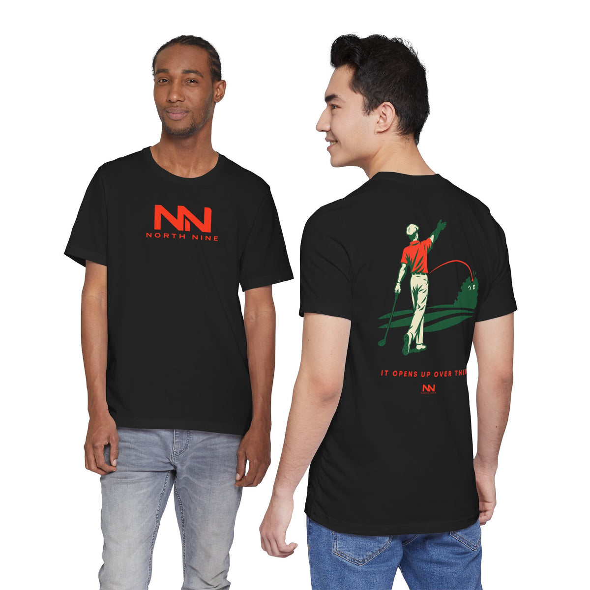 Golf Swing Retro Illustration Tee | Member.Guest. logo front